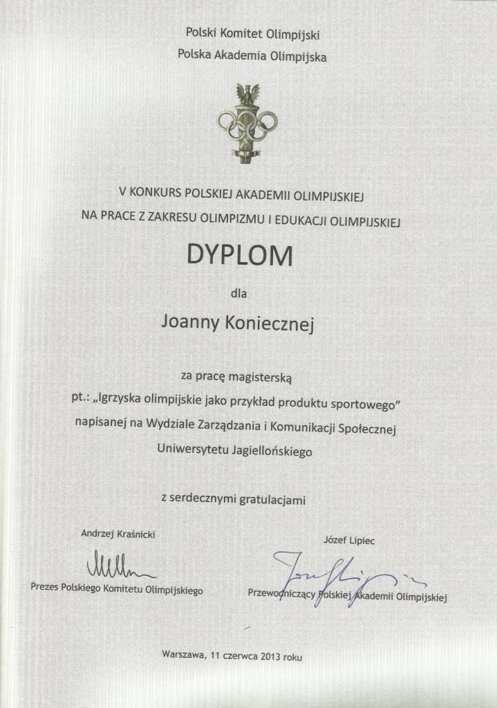 Dyplom dla Joanny Koniecznej -nagroda za pracę magisterską, studia zarządzania sportem, czerwiec 2013